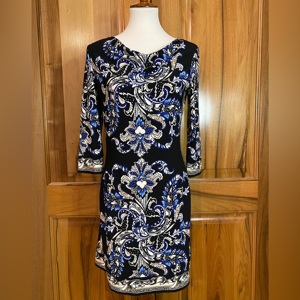 WHBM - 3/4 Sleeve - Scrollwork Print Jersey Knit MIDI Dress - EUC - S